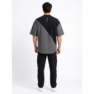 Camiseta Asimétrica Personalizada OEM para Hombre, Estilo Urbano, 450GSM, Algodón Pesado con Paneles de Nailon, Corte Holgado, Tallas 3XL y 2XL - Product Image 2
