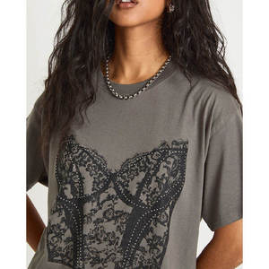 Camiseta de Manga Corta para Mujer, Cuello Redondo, Gris Sólido, 100% Algodón Ecológico, Diseño de Parches, Corte Holgado, Transpirable - Product Image 6