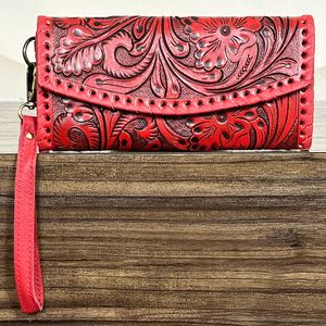 2026 Retro Boutique Collection <b>Red</b> full Tooled Cow Leather Clutch Wallet for Women Bohemian Floral Card Wallet Wristlet <b>Purse</b> - Product Image 4
