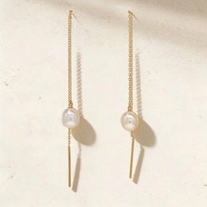 Boucles d'oreilles pendantes en or jaune 9K avec perle blanche, chaîne longue, style minimaliste, bijoux fins, vente en gros - Product Image 3