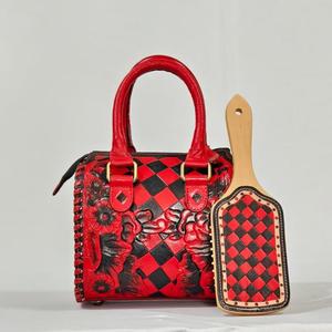 Luxury Red Leather Mini Speedy <b>Bag</b> Floral Pattern Checkerboard Design Zipper Closure Durable - Product Image 4