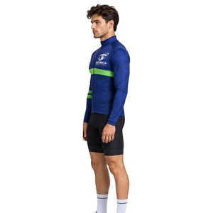 Maillot de cyclisme bleu à manches longues pour homme avec bande verte, fermeture éclair intégrale, haut de performance pour le vélo - Product Image 4