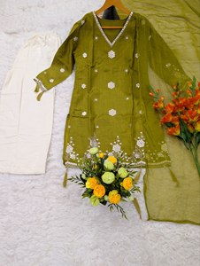 Ensemble Kurta et pantalon brodés pour femme, avec dupatta en organza et travail miroir, style ethnique Salwar Kameez, tenue de soirée indienne et pakistanaise - Product Image 1
