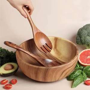 Ensemble de cuillères à salade en bois naturel faites à la main |   Ustensiles de cuisine écologiques en 2 pièces |   Compatible lave-vaisselle |   Curio Craft OEM - Product Image 4