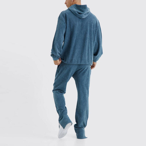 <b>Men's</b> Blue Corduroy Hooded Tracksuit Set Full Sleeve <b>Pullover</b> Sweatshirt with Side Pockets Loose Fit Casual Wear Autumn Style - Product Image 2