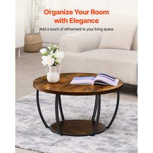 Modern <b>Rustic</b> Brown 2-Tier <b>Wooden</b> Circle <b>Coffee</b> <b>Table</b> Sturdy Metal Frame Open Storage Easy Assembly Minimalist Accent End Desk - Product Image 2