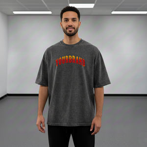 เสื้อยืดผู้ชายผ้าฝ้ายแท้ 100% ทรงหลวม ล้างสีแบบแอซิดวอช พิมพ์โลโก้แบบนูน 3 มิติ ผ้า Worsted  รุ่นปี 2025 แบบสั่งทำพิเศษ - Product Image 4