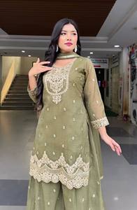 Ensemble Palazzo en Soie Satinée Brodé pour Femme, Salwar Kameez Moderne Longueur Genou, Tenue de Mariage et de Fête - Product Image 5