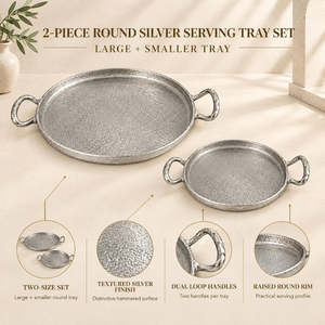 Artisan Aluminum Round Serving <b>Tray</b> Set <b>Silver</b> Textured Finish Dual Handles Raised Rim | <b>Decorative</b> Dining Table ServewareTray - Product Image 5