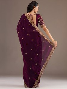 Purple Embroidered <b>Tissue</b> Saree for Women Traditional Long Dress Wrinkle Free Moisture Wicking Party <b>Wedding</b> Wear - Product Image 5