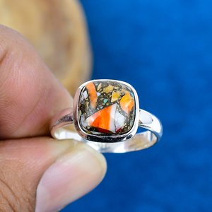 Natural Multi Spiny Copper Turquoise Cushion Cab Gemstone Sterling Silver Plated Handmade Bezel <b>Statement</b> <b>Ring</b> For Girl - Product Image 4