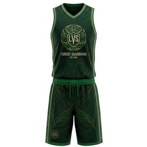Ensemble de maillots de basket-ball personnalisés OEM Forest Guardians pour hommes, col en V, sans manches, imprimé végétal sublimé, respirant, coupe régulière, adulte - Product Image 1