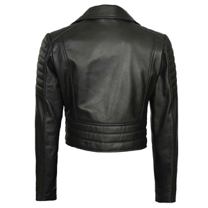 Blouson moto en cuir véritable pour femme, coupe ajustée, style court, avec épaulettes rembourrées, en peau de mouton noire, vente en gros - Product Image 3