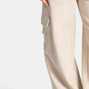 Pantalones Cargo Holgados de Cintura Alta para Mujer, Color Beige, Cintura Elástica, Largos, Color Sólido, Ropa Casual con Bolsillos Utilitarios - Product Image 3