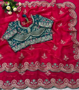 Blouse fantaisie Reglance Designer Soft pour sari en satin, broderie de sequins, motif Butti traditionnel, bordure lourde, pompons - Product Image 2