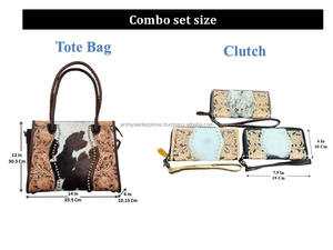 High Quality Hand Tooled Hair On Cowhide Leather 2 Piece Combo Sets Genuine Leather Luxury <b>Tote</b> <b>Bag</b> & Clutch Combo for Women's - Product Image 3