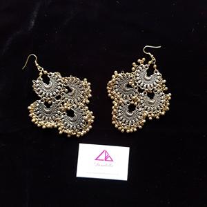 Dual Tone Long <b>Hook</b> Dangling <b>Earrings</b>-Trendy Religious Ethnic Hoop Drop Studs in Yellow Gold - Product Image 1