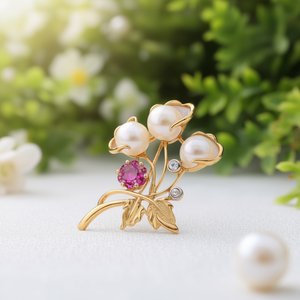 Floral Crystal Brooch Pin for Hijab Wedding Accessories Gold Plated Pearl - Product Image 3