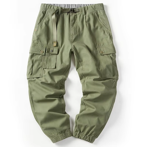 Pantalon cargo noir pour homme, taille élastique avec cordon de serrage, plusieurs poches, style workwear, toile mi-lourde, pour l'automne - Product Image 3