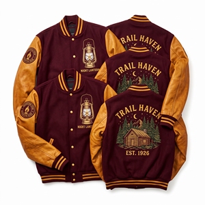 Fabricant de vestes universitaires personnalisées - Corps en laine marron, manches en cuir jaune moutarde, broderie Trail Haven Log Cabin Camp Lantern Letterman - Product Image 1