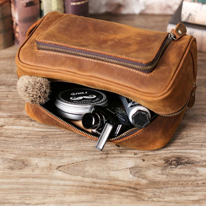 Vintage Leather <b>Toiletry</b> Bag Medium Size Zipper Closure Durable Travel Cosmetic Case for Men Shaving Kit <b>Storage</b> - Product Image 1