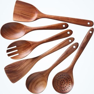 Juego de utensilios de cocina de madera: cuchara para sopa, espátula, servidor de pasta, espumadera, tenedor para ensalada, herramientas antiadherentes - Product Image 6