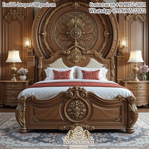 Cama de tamaño Queen de estilo barroco de excelente calidad, cama tallada en madera moderna con taburetes laterales, parte trasera alta, tallada a mano, Maharaja - Product Image 5