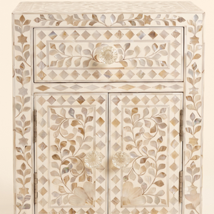 Modern Mother Pearl Floral Design <b>White</b> <b>Bedside</b> <b>Table</b> Cabinet Living Room Furniture India Quality Handicrafts - Product Image 5
