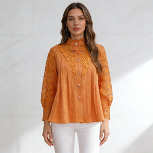 Oferta especial en Temu |   Blusa de encaje naranja a la moda con mangas de encaje, cuello alto, botones al frente y corte holgado para mujer - Product Image 4