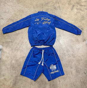 Ensemble de survêtement en satin bleu pour homme OB avec logo brodé, sportif, été, séchage rapide, haut à manches courtes et short - Product Image 2