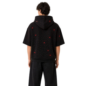 Sweat à capuche ample et scintillant rouge entièrement orné de strass, à manches courtes, en coton épais, style streetwear, fabrication sur mesure - Product Image 3