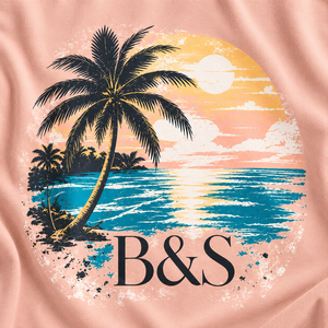 เสื้อยืดคอกลมแขนสั้นสีชมพูสำหรับผู้ชาย ลายพิมพ์วินเทจต้นปาล์มพระอาทิตย์ตกชายหาด เสื้อยืดลำลอง - Product Image 5