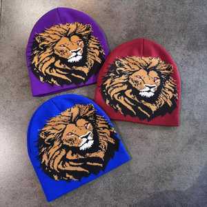 Customize Lion Embroidery Beanie Hat Unisex Adult Winter Casual Style Jacquard <b>Knit</b> <b>Animal</b> <b>Pattern</b> - Product Image 2