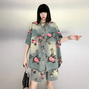 Ensemble 2 pièces pour femmes, imprimé floral, chemise à manches courtes, short à taille élastique, coupe ample décontractée, tenue en coton pour le printemps et l'été - Product Image 6