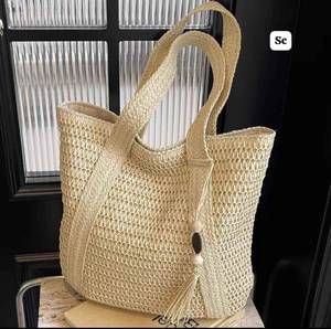 Custom Luxury Handwoven <b>Straw</b> Tote <b>Bag</b> Beige Raffia Mesh Beach <b>Bag</b> with Tassel Wooden Beads Large Summer Resort Women Handbag - Product Image 1