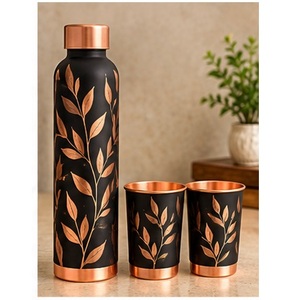 Ayurvedic Floral Leaf Pattern <b>Metal</b> <b>Water</b> <b>Bottle</b> Set with Copper Trim Portable Drinkware for Travel - Product Image 3