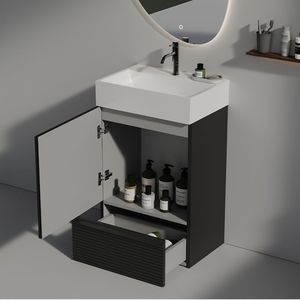 Mobile bagno moderno Gada 20 pollici a righe nero opaco, mobiletto freestanding con lavabo in ceramica, pronto per il montaggio (KD-Ready) per bagni moderni - Product Image 2