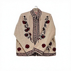 Veste en toile de coton beige vintage pour femme |   Manteau bohème floral brodé à la main |   Vêtements d'extérieur artisanaux durables - Product Image 2