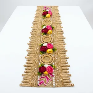 Support de bougie chauffe-plat artisanal traditionnel en tissu perlé, broderie florale Rangoli, design Art Déco écologique pour Baptême et Diwali - Product Image 5