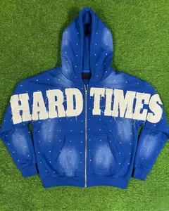 Sweat à capuche zippé brodé de strass 2026 pour homme, coupe oversize, effet délavé, style streetwear, 100% coton French Terry sur le devant - Product Image 4