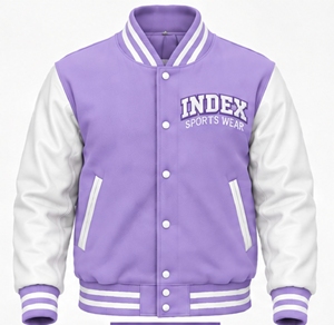 Chaqueta Varsity Morada para Hombre INDEX con Mangas Blancas, Logotipo Bordado, Cuello Camisero y Cierre de Botones, para Otoño - Product Image 1