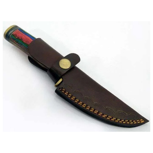Couteau de chasse multifonction artisanal en acier inoxydable MORTAL SAGA, lame en acier Damas, manche en résine colorée, étui en cuir - Product Image 3