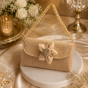 En stock : Pochette en jute faite main pour femme avec anse en perles, motif floral, sac à bandoulière élégant pour soirée et fête - Product Image 3