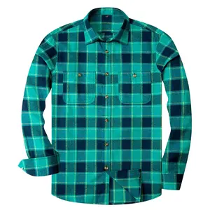 Heren Regular-Fit Green & Navy Lange Mouwen Plaid Flanel Shirt
