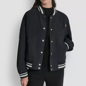 Newest Full Sleeve Turn Down Collar Autumn Wear Embroidered <b>Star</b> Patch Pocket Polyester Material Women's Black Varsity <b>Jackets</b> - Product Image 1