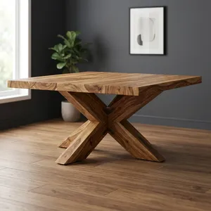 Modern Rustic Wooden Coffee <b>Table</b> with X-Base Design for Living Room Home Furniture - Product Image 6