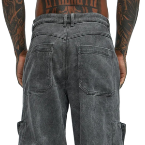<b>Mens</b> Washed <b>Black</b> Denim <b>Cargo</b> <b>Pants</b> Baggy Fit Multi Pocket Loose Leg Jeans Casual Streetwear Workwear Vintage Fashion Trousers - Product Image 4
