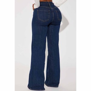 Jean évasé taille haute en denim bleu foncé uni, extensible en coton et élasthanne, décontracté, longueur complète, style automne pour femme - Product Image 5