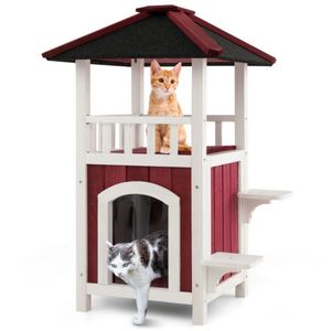 Casa del gatto in legno a 2 piani con tenda a pioggia e tetto in asfalto balcone mobili per animali domestici - Product Image 4