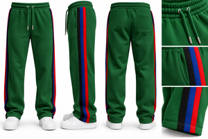 Pantalon de survêtement en molleton vert pour homme avec bandes latérales rouges, bleues et noires, taille élastique et cordon de serrage, décontracté, 100 % coton, léger, hiver - Product Image 5